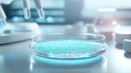 Exploring vibrant reactions in a laboratory with glowing substances on a modern workbench