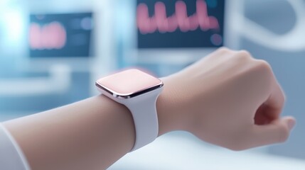 A modern smartwatch displays health metrics in a bright, futuristic workspace during the day