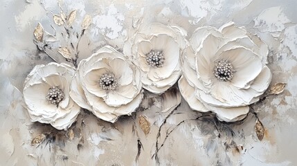 White flowers with textured petals and rhinestone centers.