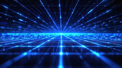 Futuristic blue beams of holographic light intersecting on a dark tech-inspired grid, creating a sleek digital atmosphere.