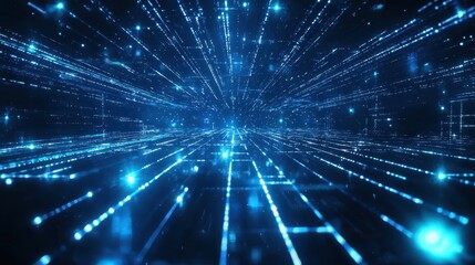 Fototapeta premium Futuristic blue beams of holographic light intersecting on a dark tech-inspired grid, creating a sleek digital atmosphere.