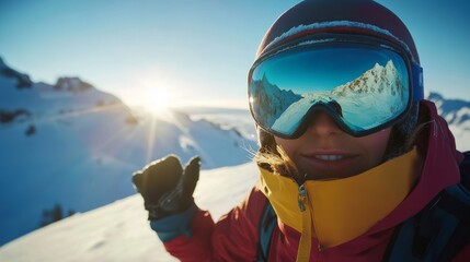 Woman in ski goggles smiling on snowy mountain peak at sunset.