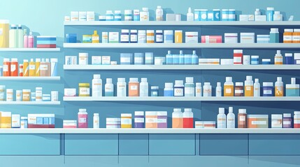 Shelves of over-the-counter medicine displayed neatly in a modern pharmacy setting, with space for text or promotional messages above the products.
