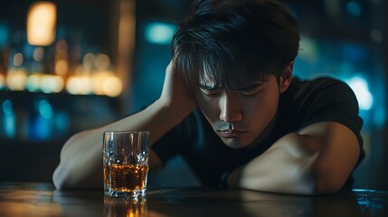 Young man resting his head on his hands at a bar with a glass of whiskey.