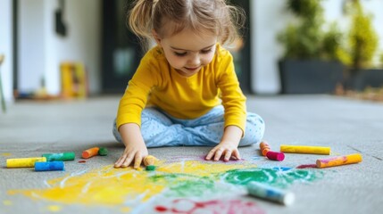 Child Drawing with Chalk on Sunny Sidewalk