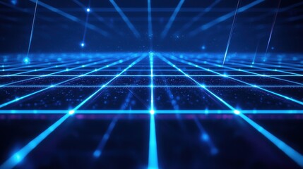 Naklejka premium Glowing blue beams of holographic light cutting through a tech-inspired grid of digital elements, capturing modern technology vibes.