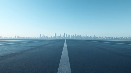 Fototapeta premium A panoramic view of an empty asphalt road with a stunning city skyline in the background, perfect for car advertising and promotional materials.