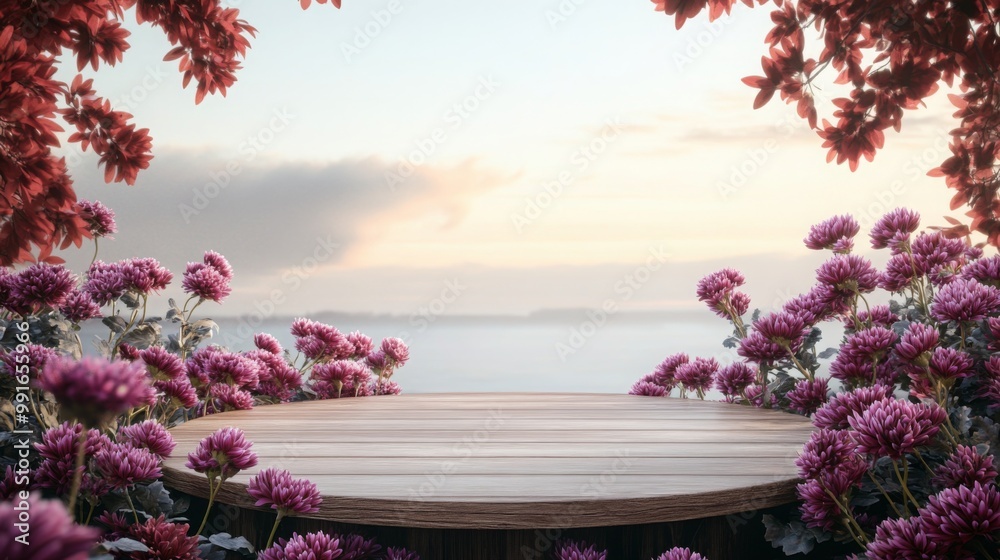 Poster a circular, wooden platform sits in the center of the image, surrounded by pink flowers and leaves. 