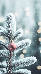 a holiday themed background for a presentation, frosted bokeh snow, pine tree branches, ornaments, simple design background
