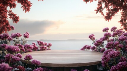 A circular, wooden platform sits in the center of the image, surrounded by pink flowers and leaves. The platform is situated in a field with a foggy lake and hills in the background