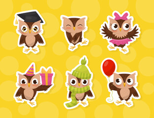 Funny Brown Owl Character with Feather Vector Sticker Set