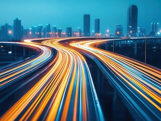 Fototapeta premium Elevated highway with multiple lanes and intricate overpasses, city skyline in the background, elevated highway, urban network