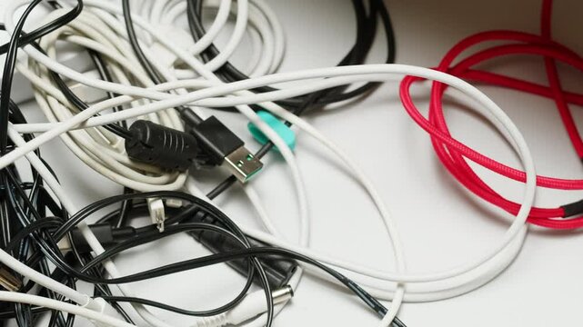 Young woman trying to untangle many various of wires close-up. Tangled wires and cables on table. Trying to untangle many messy and chaos cables