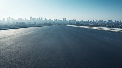 Fototapeta premium A panoramic view of an empty asphalt road with a stunning city skyline in the background, perfect for car advertising and promotional materials.