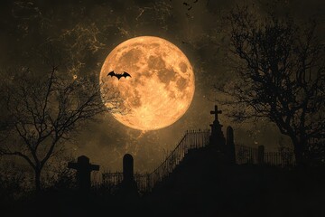 Fototapeta premium Spooky full moon night over a haunted cemetery with silhouetted trees and a bat flying, capturing the eerie ambiance of Halloween.