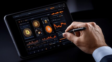 Cryptocurrency Investment: A businessman's hand uses a stylus to navigate a tablet displaying a cryptocurrency dashboard with charts, graphs, and data. The focus is on Bitcoin.