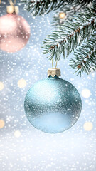 a holiday themed background for a presentation, frosted bokeh snow, pine tree branches, ornaments, simple design background
