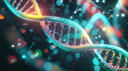 Colorful digital representation of a DNA helix floating in a cosmic space environment
