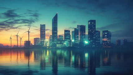 Fototapeta premium A vibrant city skyline at dusk, reflecting lights on the water, with wind turbines adding a touch of green energy.