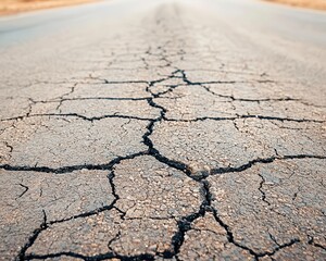 Obraz premium Asphalt road with visible cracks and potholes, showing signs of wear and tear, cracked road, aging infrastructure