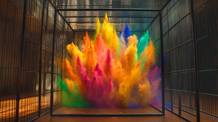 Abstract Colorful Powder Explosion, Vibrant Hues of Pink, Blue, and Yellow Splashes, Colorful explosion of Holi powder creating a rainbow effect on a wide white background.