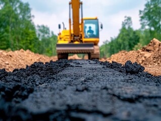 Obraz premium Road under construction with a partially paved surface and heavy machinery, partially paved road, construction progress