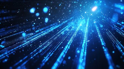 Fototapeta premium Glowing blue beams of light slicing through a holographic background with abstract tech patterns, creating a futuristic atmosphere.