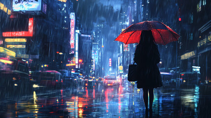 A girl lost in thought as rain falls on a bustling city street. anime or digital painting style, looping video animation background. anime rain umbrella. illustrations. Lost City. Illustration