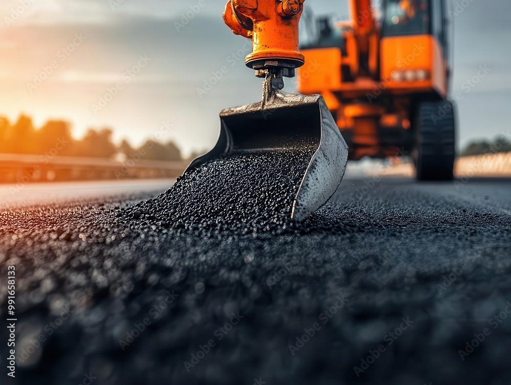 Wall mural highway construction site with cranes and asphalt layers, highway expansion, infrastructure growth