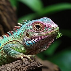 Fototapeta premium Vibrant lizard perched on a branch in a lush rainforest setting, showcasing colorful scales