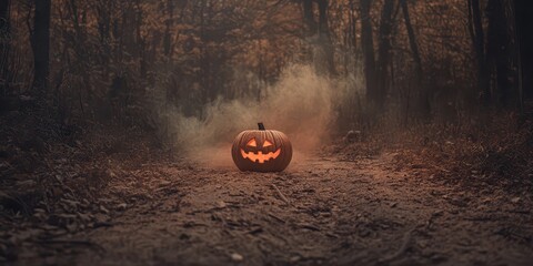 Spooky Halloween jack-o'-lantern on a foggy forest path, perfect for eerie autumn themes and seasonal decorations.
