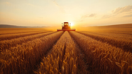 Fototapeta premium A golden wheat field at sunset, with a tractor harvesting crops, creating a serene and productive agricultural scene.