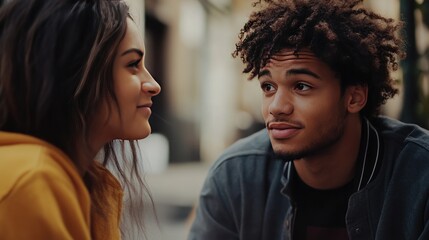 Fototapeta premium A clear, detailed shot of two people in a genuine conversation, with one listening attentively while the other speaks, showing natural interaction.