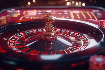 Casino roulette table with red chips and cards. 3d rendering .geneative ai