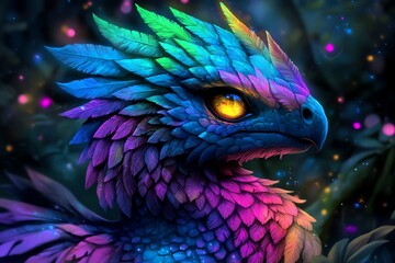 Obraz premium A digital painting of a fantasy creature, with vibrant feathers, scales, and magical glowing eyes, set in an enchanted forest