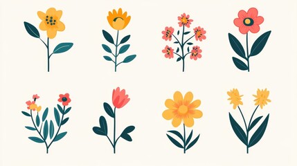 Obraz premium A collection of flat-style vector floral icons, featuring simple, bold designs perfect for modern, clean design projects.