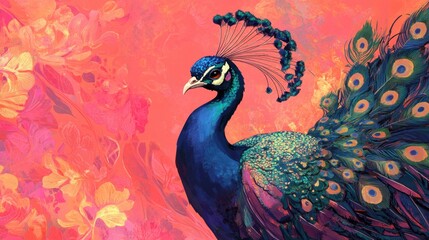 Fototapeta premium Peafowl, feathers, pink, space. Generative AI