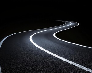 Empty road with a slight bend, illuminated by a single car s headlights, headlights on bend, solitary curve