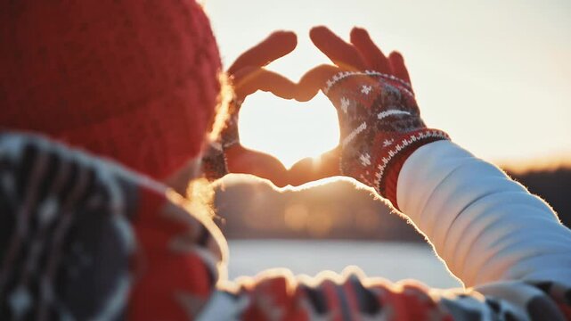 Man wearing gloves make Love heart shape from hands at morning winter sunrise. Happy Christmas time. Light of sunset sun in hands at frosty cold snowy day. Christmas New Year vacation holidays time.