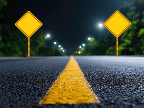 Dark asphalt road with a single illuminated traffic sign, glowing softly in the night, lone traffic sign, subtle guidance