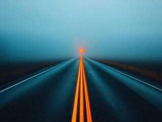 Obraz premium Road at night with faint fog and a single illuminated mile marker, minimal mile marker, silent milestone