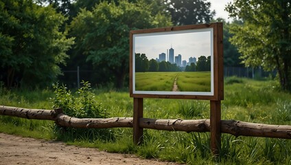 Empty billboard on a fence with urban nature in the background.