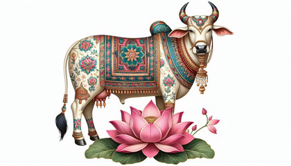   portrait of beautiful traditional Indian folk art Madhubani or Pichwai painting Indian cow in white background 