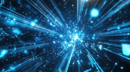 Naklejka premium Holographic background featuring sharp blue beams of light intersecting with tech-inspired digital elements and symbols.