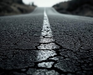 Obraz premium Dark road with subtle cracks and small pebbles scattered on the surface, textured road, rugged minimalism