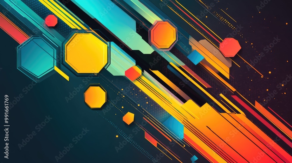 Poster a dynamic abstract banner with colorful hexagons and diagonal lines, blending with geometric shapes 