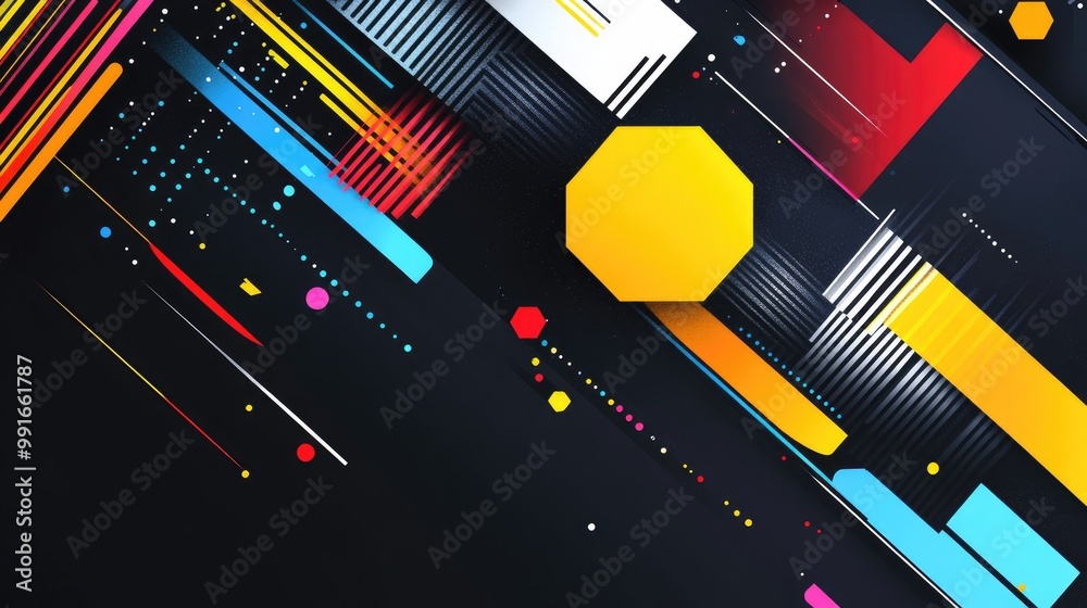 Poster a dynamic abstract banner with colorful hexagons and diagonal lines, blending with geometric shapes 