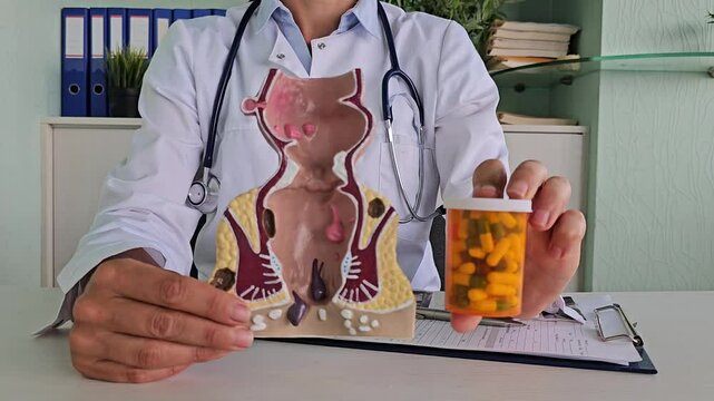 Proctologist holds pills and an artificial model of the human rectum. Drugs are used for rectal diseases