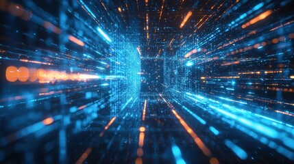 Holographic background featuring vibrant blue beams of light intersecting with abstract tech patterns in a digital landscape.