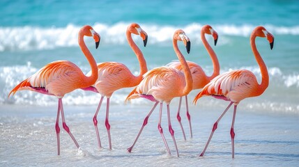 Obraz premium A group of flamingos walking along a sandy shoreline, with gentle waves in the background.